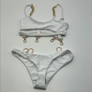 Fashion Nova Women's  White Bikini Set Gold Accents New Chain Straps Small